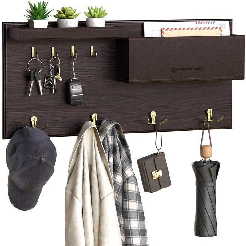 J JACKCUBE DESIGN JackCubeDesign Entryway Coat Rack Wall Mount Key Holder Mail Envelope Hook Organizer Clothes Hat Hanger with Faux Brown Leather Shelf and Tray(Solid Wood, 20.5 x 9.1 x 3.4 inches) â€“ :MK362B - Image 1